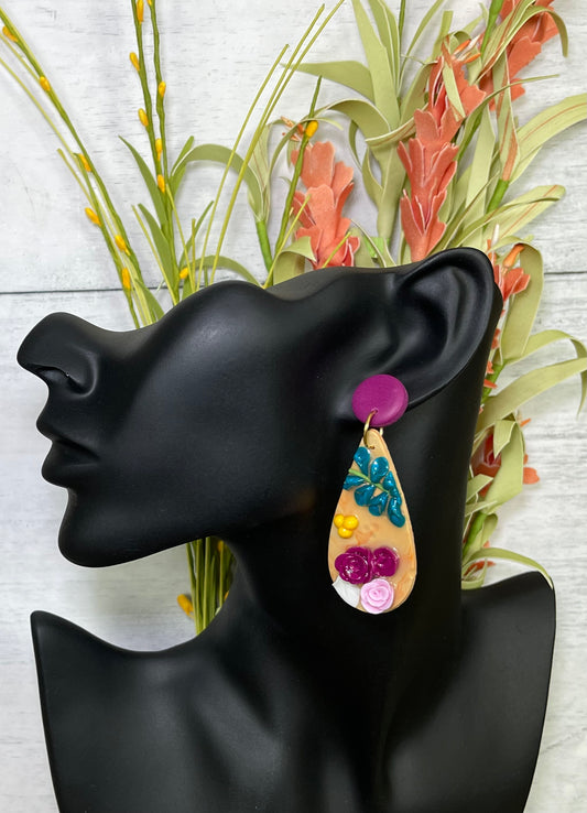 Large Teardrop Floral Earrings - Unique Handmade Clay Statement Earrings