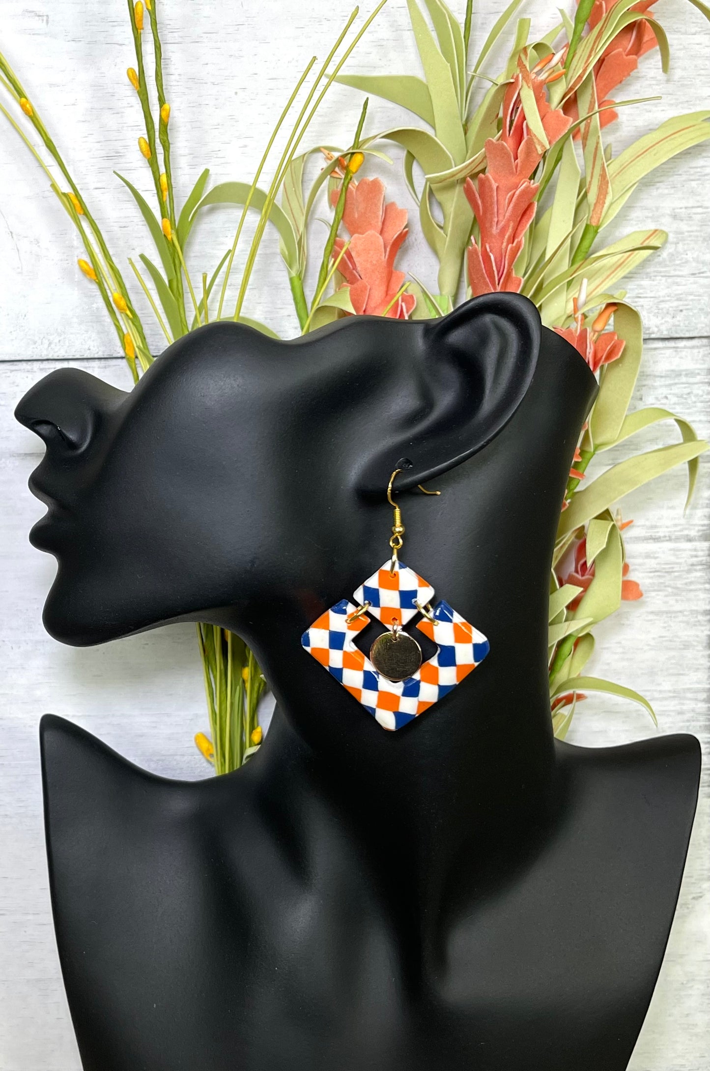 Blue and Orange Square with Gold Center - Unique Handmade Clay Statement Earrings