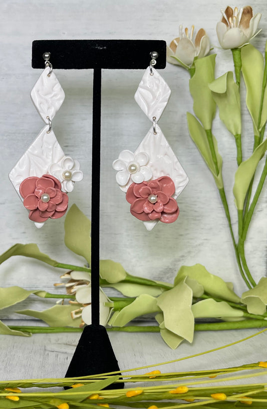 White Small and Large White Diamond Earrings with Flowers - Unique Handmade Clay Statement Earrings