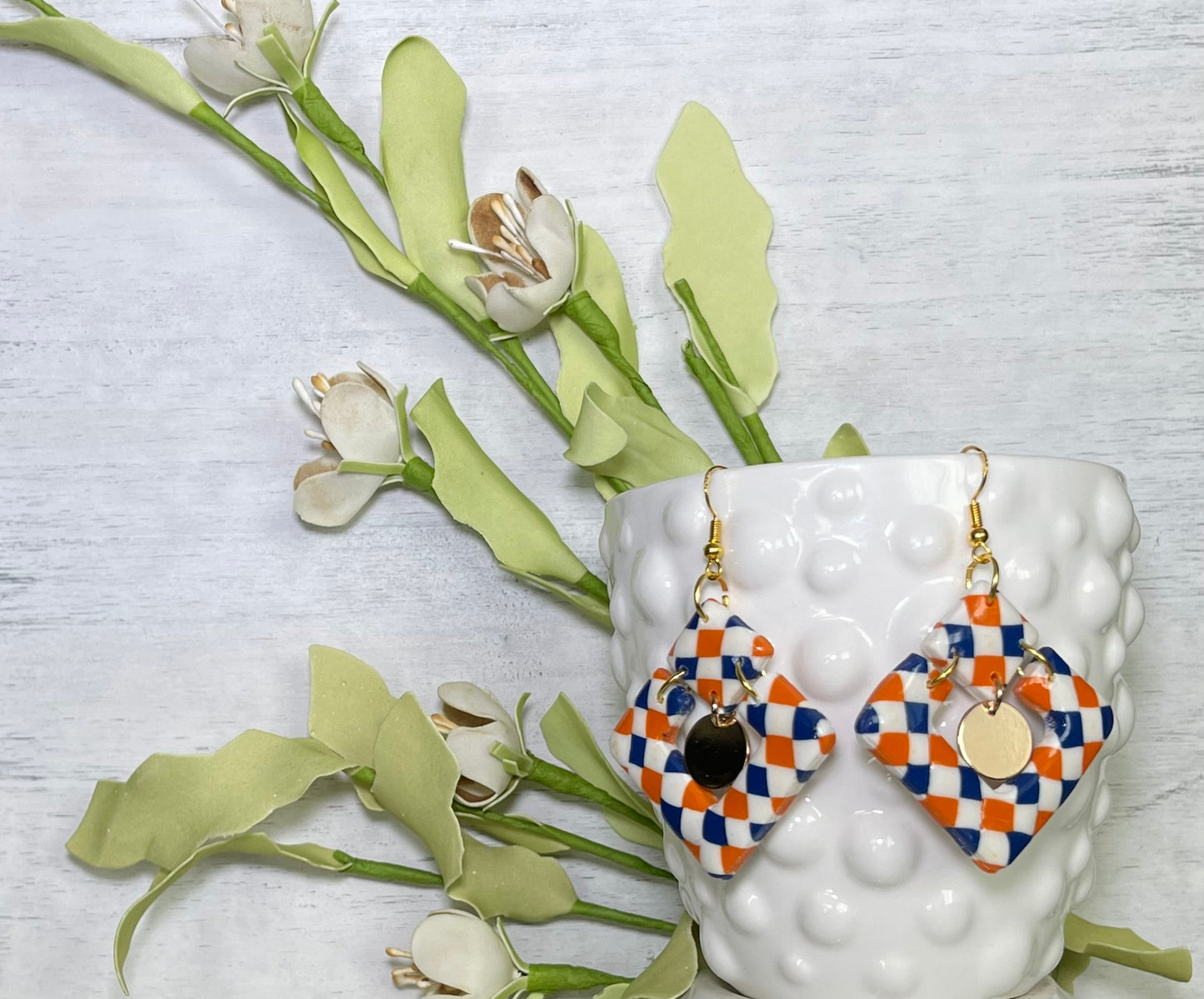 Blue and Orange Square with Gold Center - Unique Handmade Clay Statement Earrings