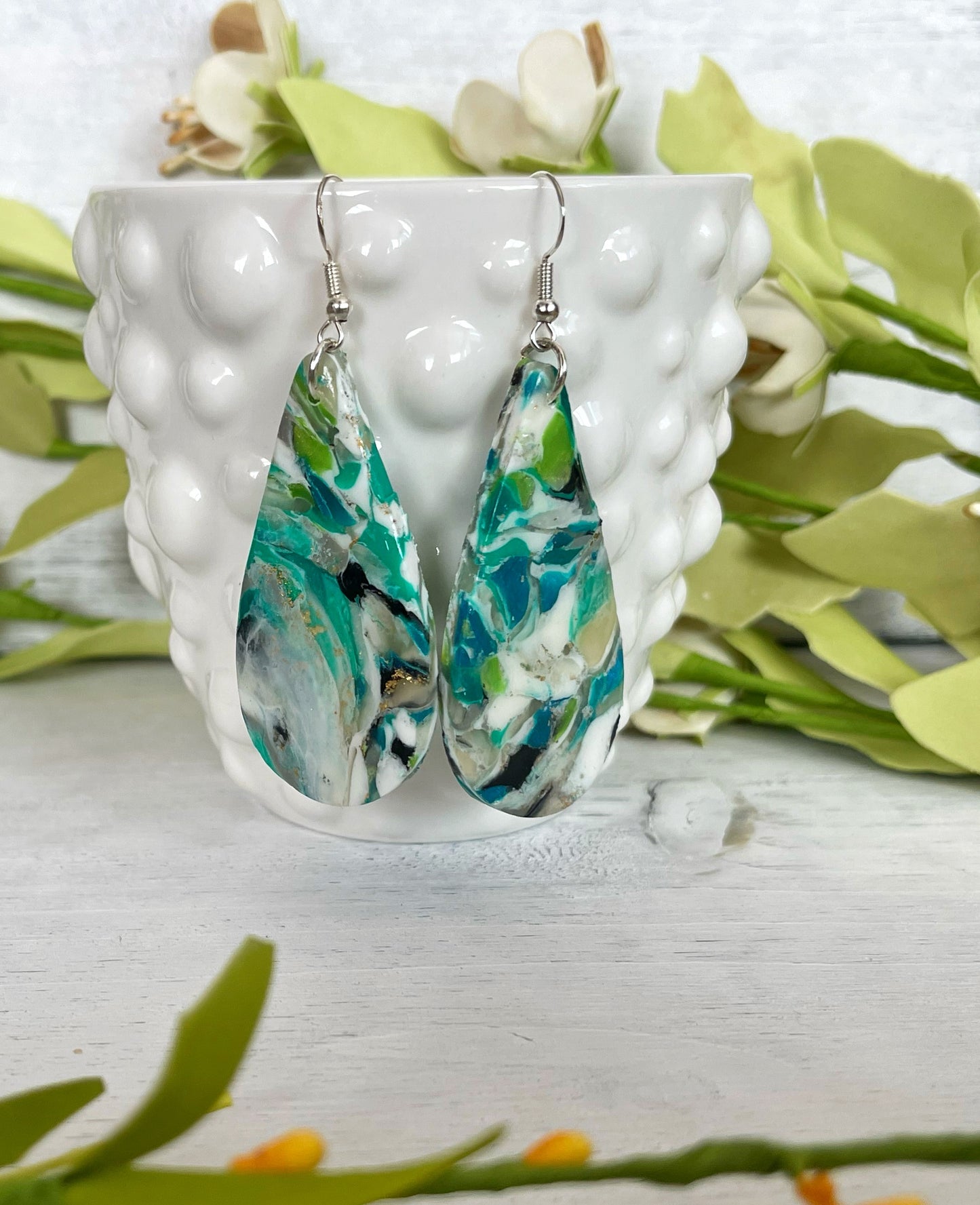 Blue Green Marble Large Teardrop Earrings Unique Handmade Clay