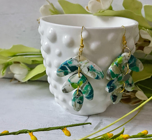 Blue Green Marble 3 Tier Earrings - Unique Handmade Clay Statement Earrings