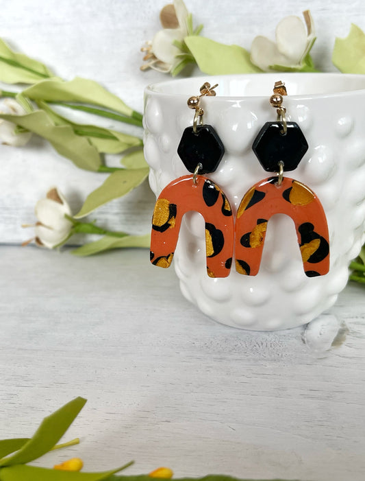 Leopard and Black Upside-down Arch Earrings - Unique Handmade Clay Statement Earrings