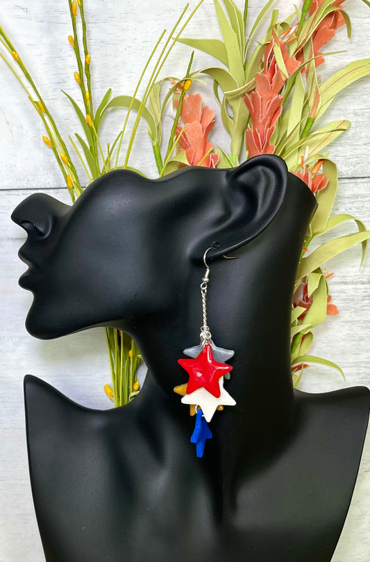 Red, White and Blue Star Dangle Earrings - Unique Handmade Clay Statement Earrings