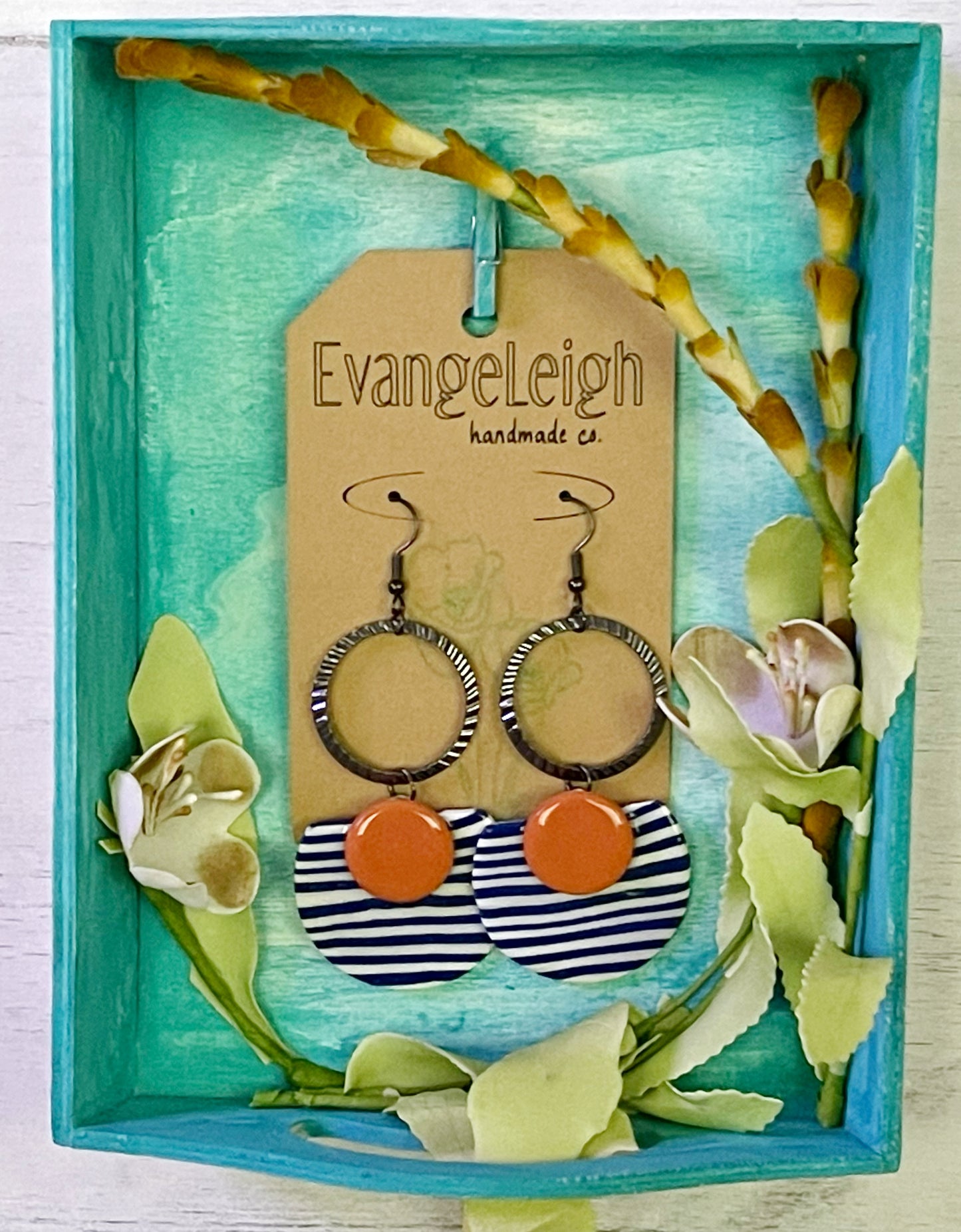 Blue and Orange Semi-Circle Earrings with Black Hardware - Unique Handmade Clay Statement Earrings