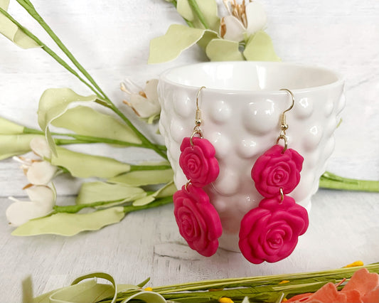 Two Tier Pink Rose Earrings - Unique Handmade Clay Statement Earrings