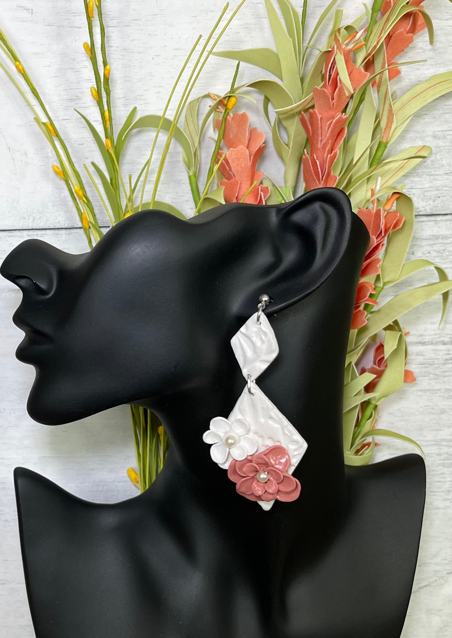 White Small and Large White Diamond Earrings with Flowers - Unique Handmade Clay Statement Earrings