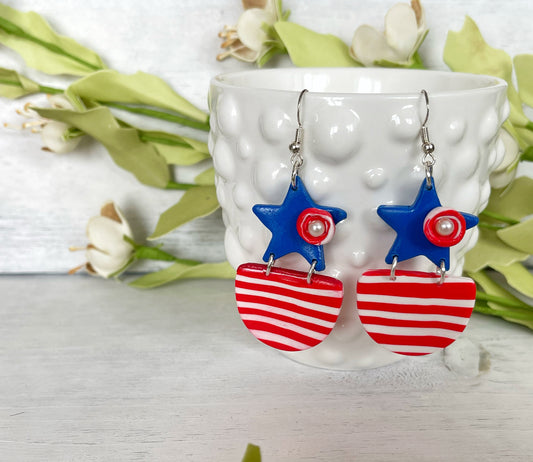 Red, White and Blue Star Earrings - Unique Handmade Clay Statement Earrings
