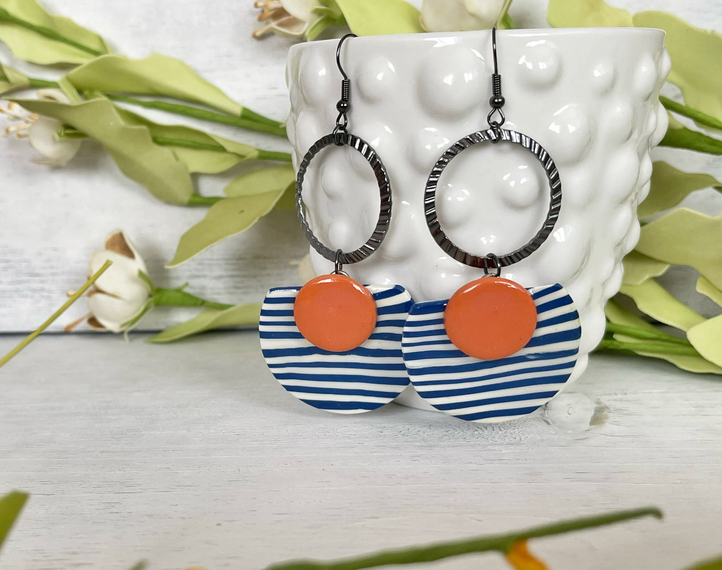 Blue and Orange Semi-Circle Earrings with Black Hardware - Unique Handmade Clay Statement Earrings