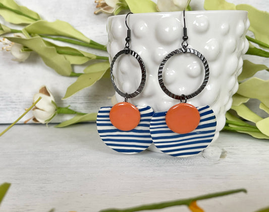 Blue and Orange Semi-Circle Earrings with Black Hardware - Unique Handmade Clay Statement Earrings