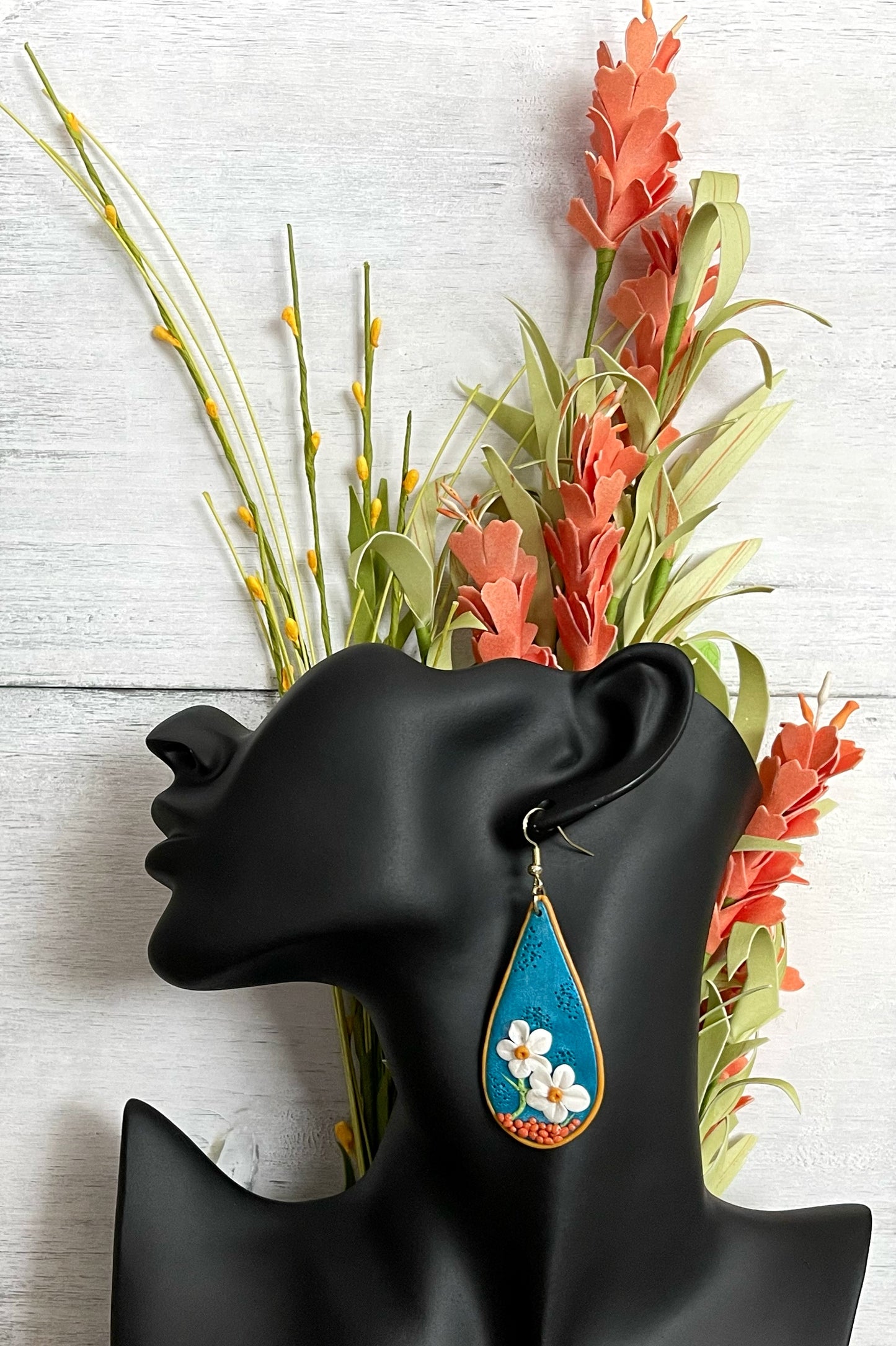 Peacock Blue Large Teardrop and Floral Earrings - Unique Handmade Clay Statement Earrings